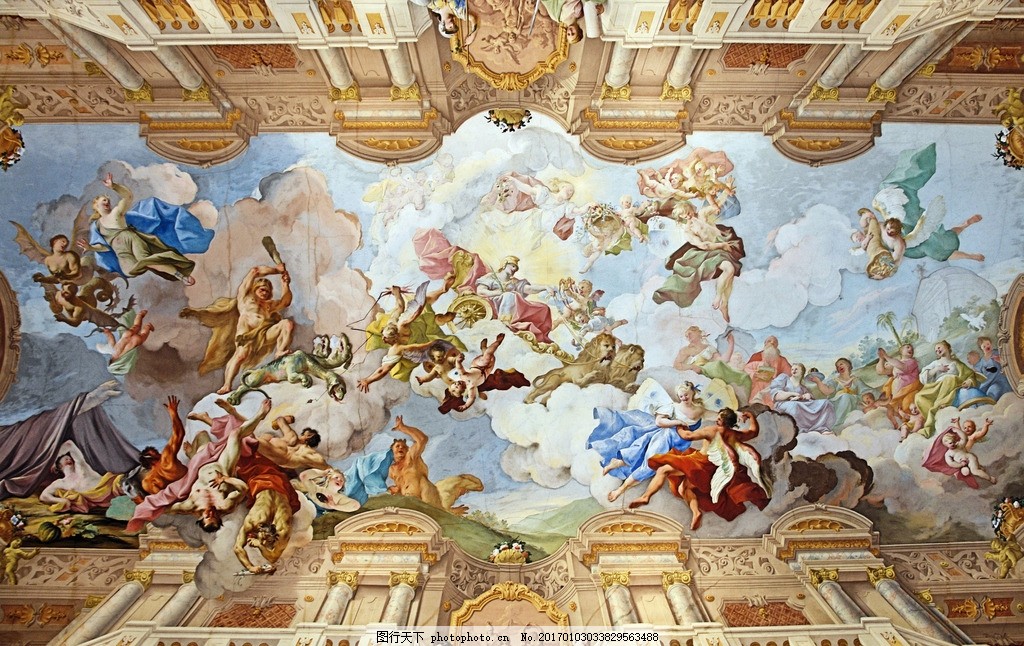 欧式宗教油画天顶壁画,欧洲小天使绘画教堂教堂壁画-图行天下图库