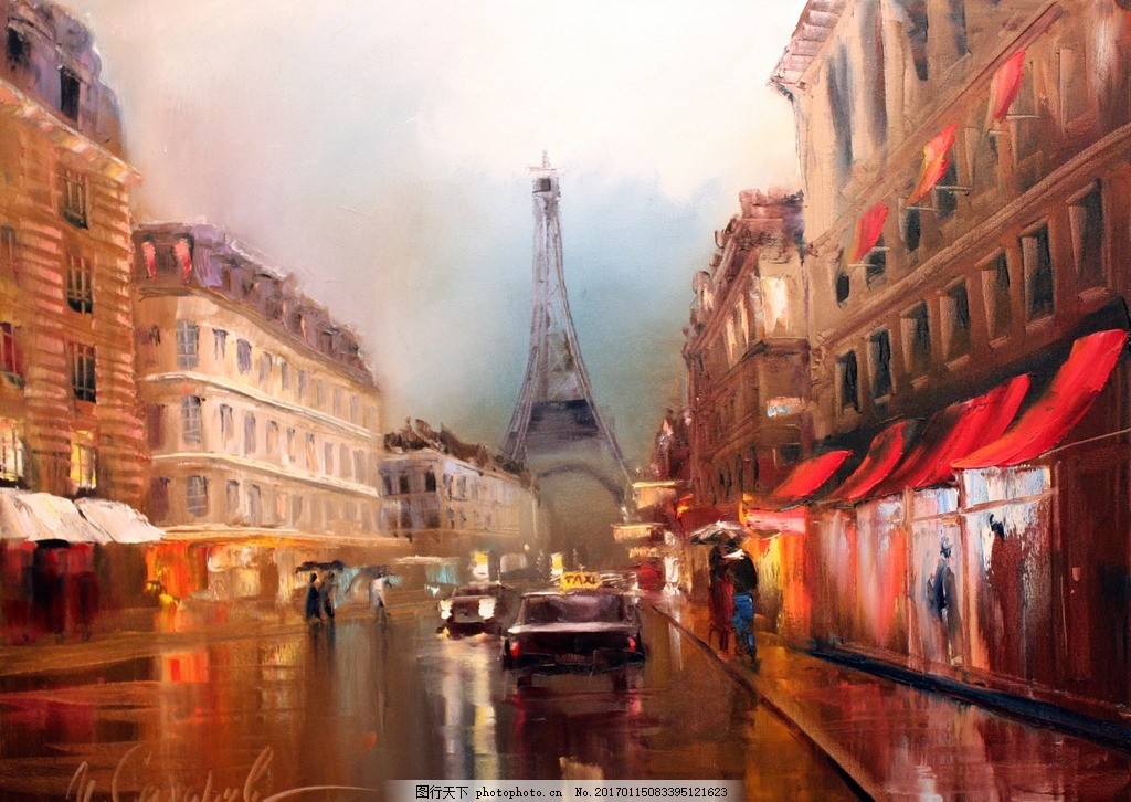 巴黎雨夜,黄昏 街道 埃菲尔铁塔 法国 文化艺术