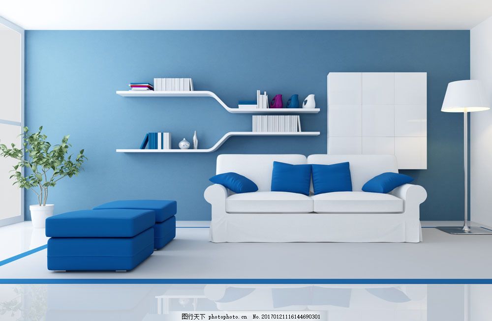 简洁蓝色客厅效果图片