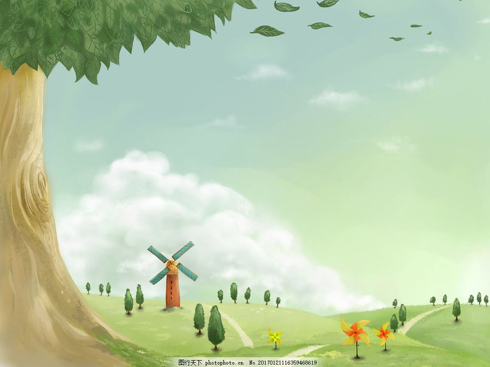 卡通风景 卡通风景图片素材 风车 田园 清新 插画 自然 儿童画