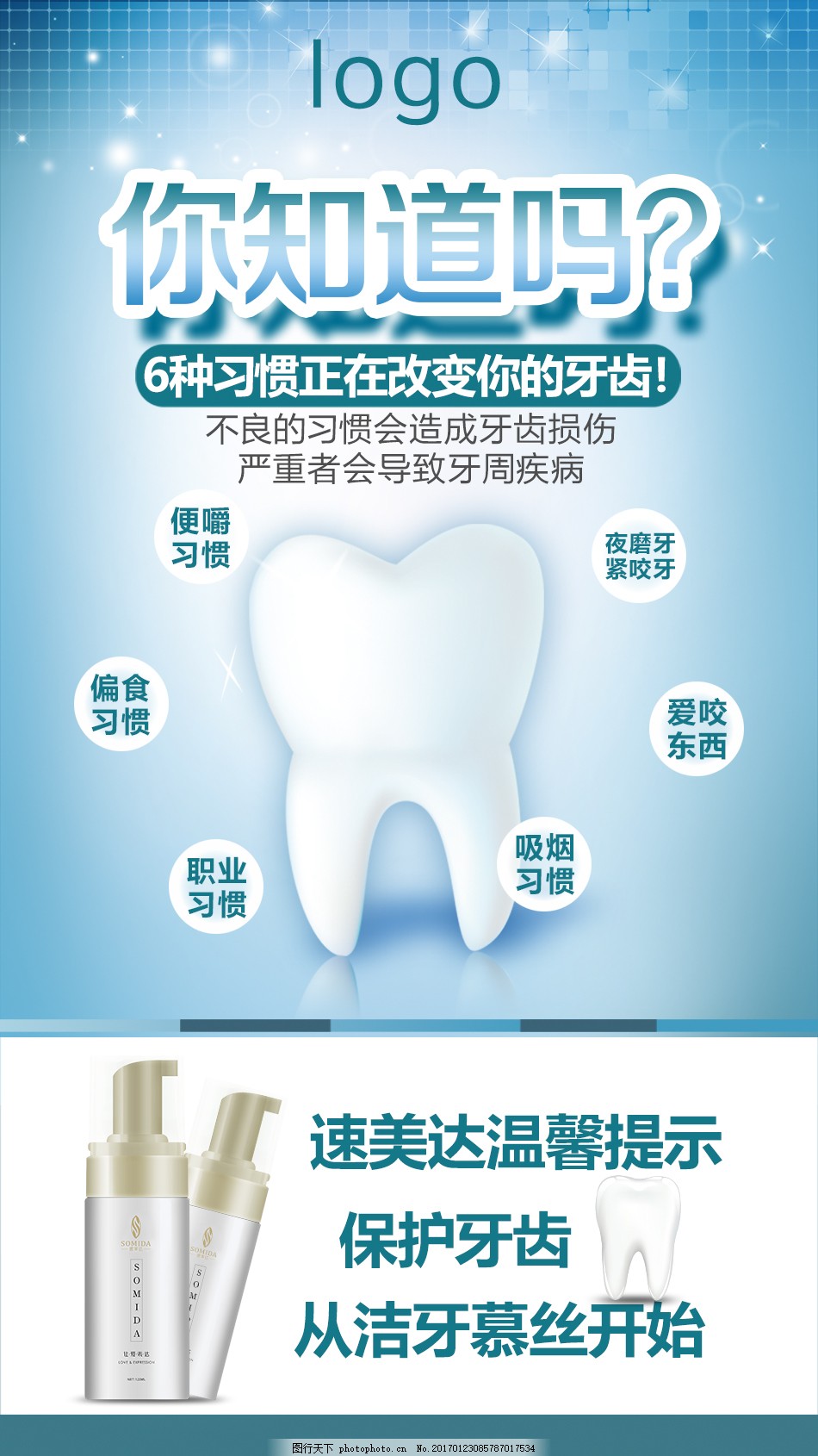 微商口腔健康产品海报,习惯 刷牙 牙齿 牙周病 