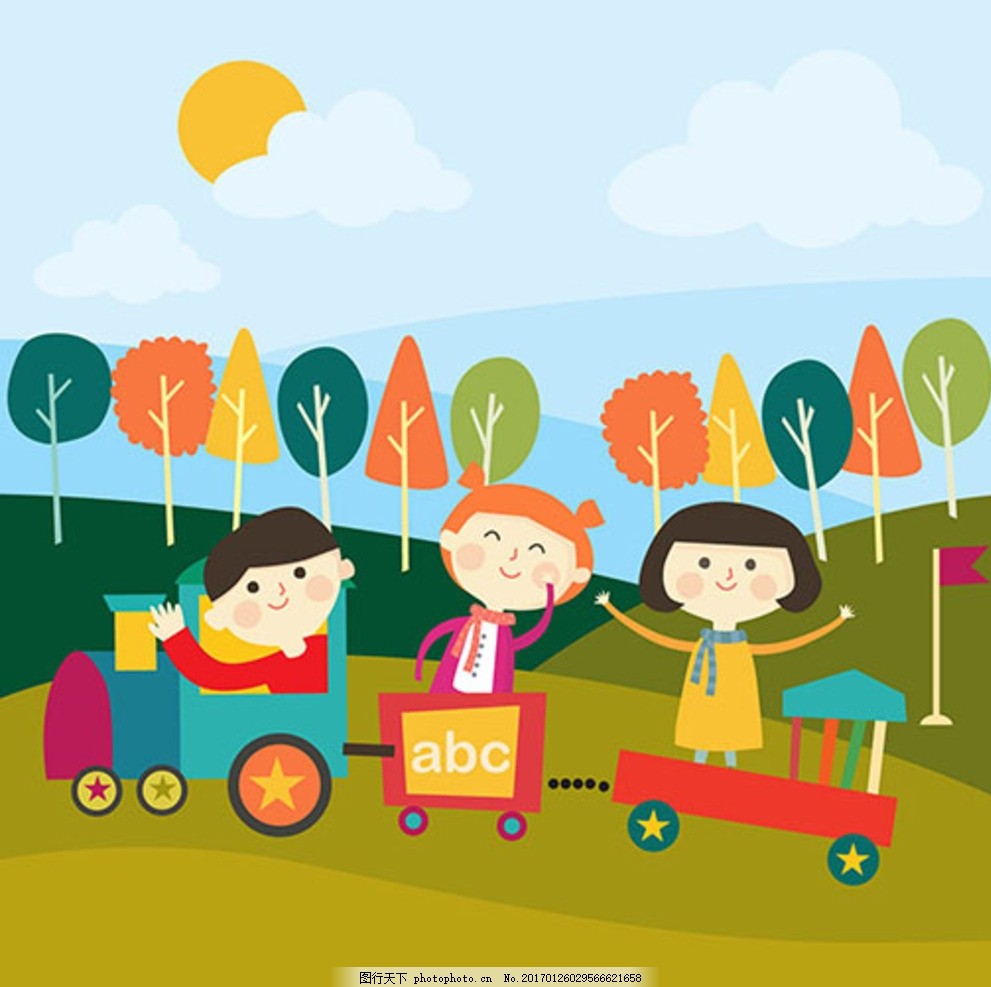 卡通儿童节快乐玩小火车的孩子,宝宝 宝贝 婴儿 幼儿园-图行天下图库
