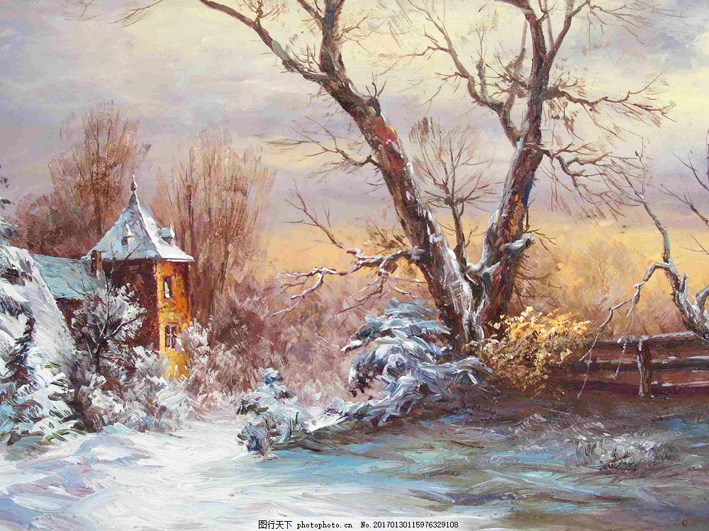 冬天雪地风景油画 冬天雪地风景油画图片素材 油画风景写生 油画艺术