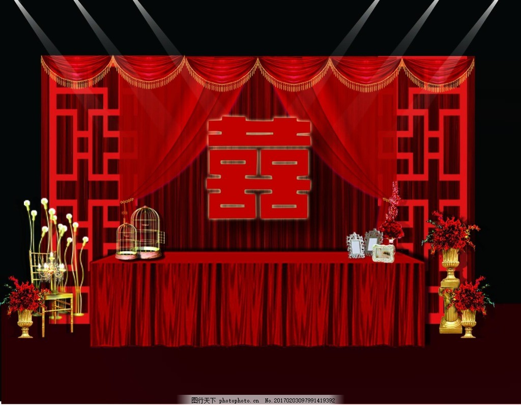 中式婚礼签到台背景,中国风 喜字 红色婚礼 镂空