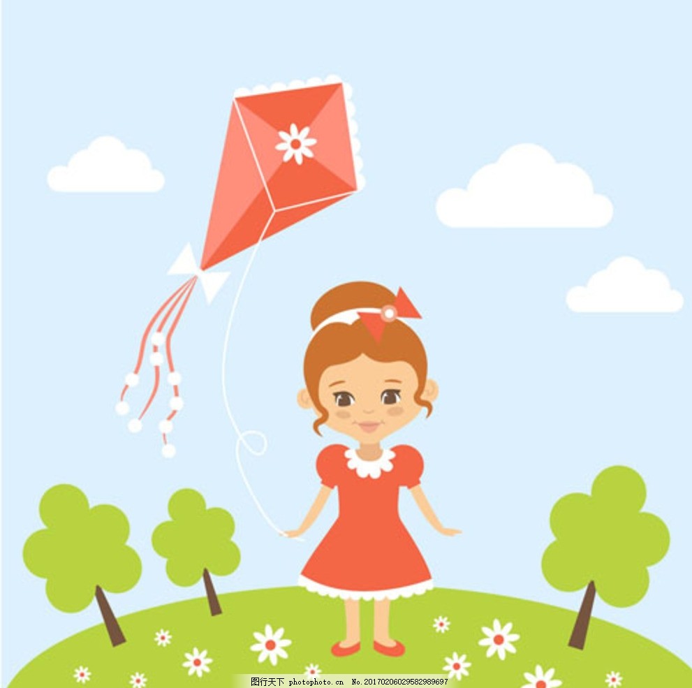 简笔画女孩儿童放风筝