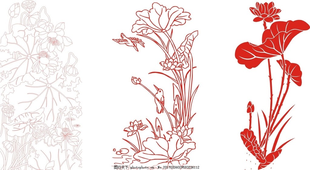 抽象荷花 荷花元素 背景墙 隔断 玄关 屏风 黑白 线条图 工笔画 移门图片
