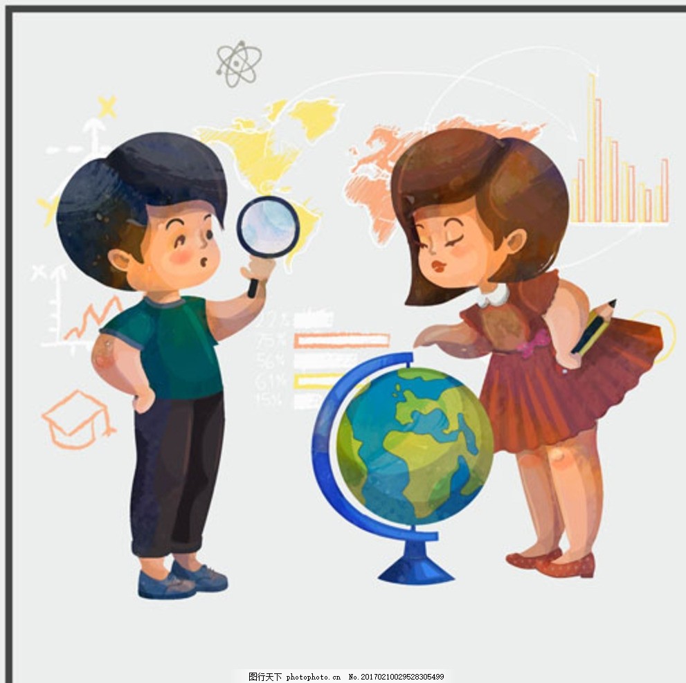 手绘水彩儿童节学地理的孩子,宝宝 宝贝 婴儿 幼