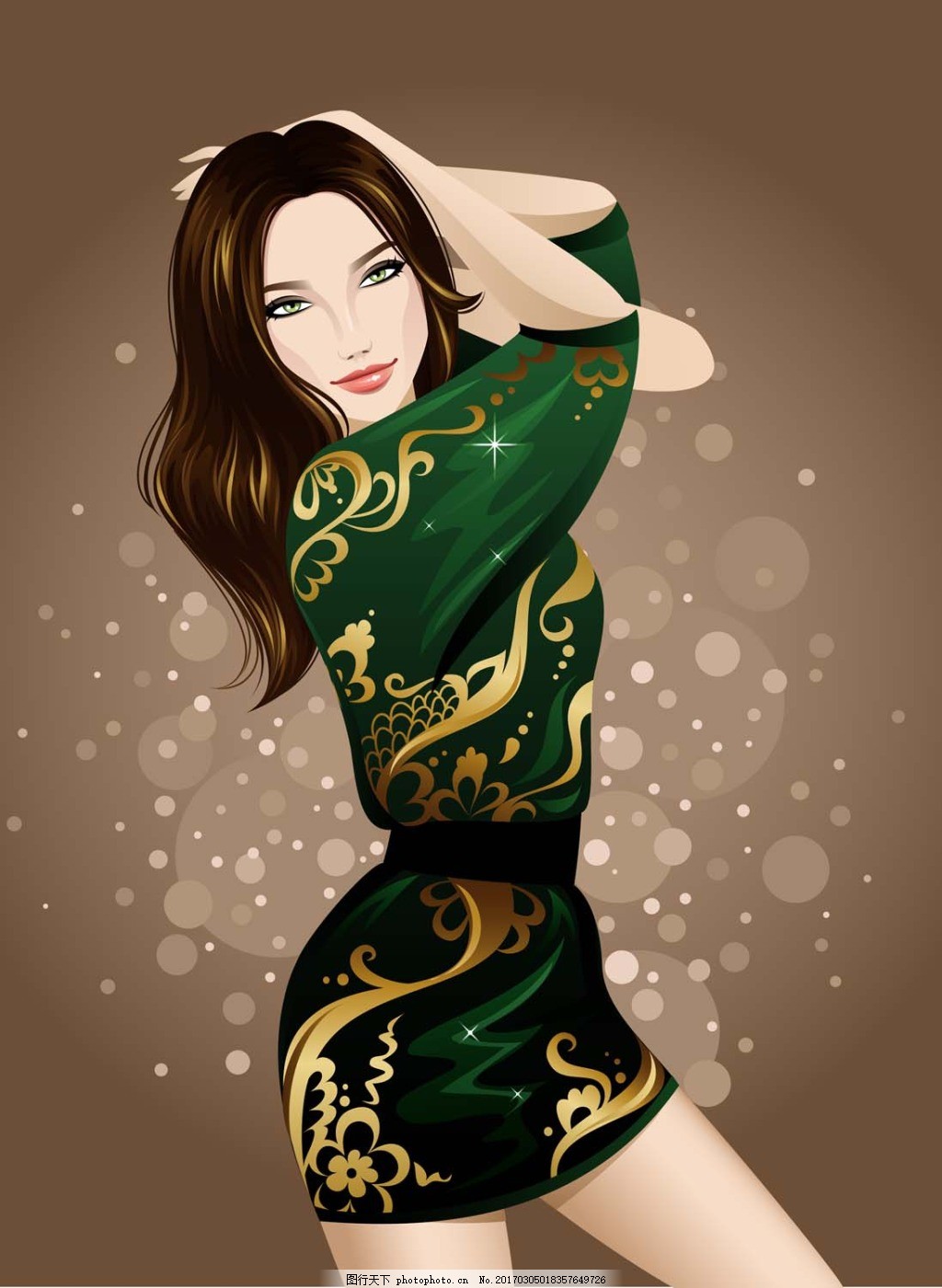 绿衣时尚女郎插画