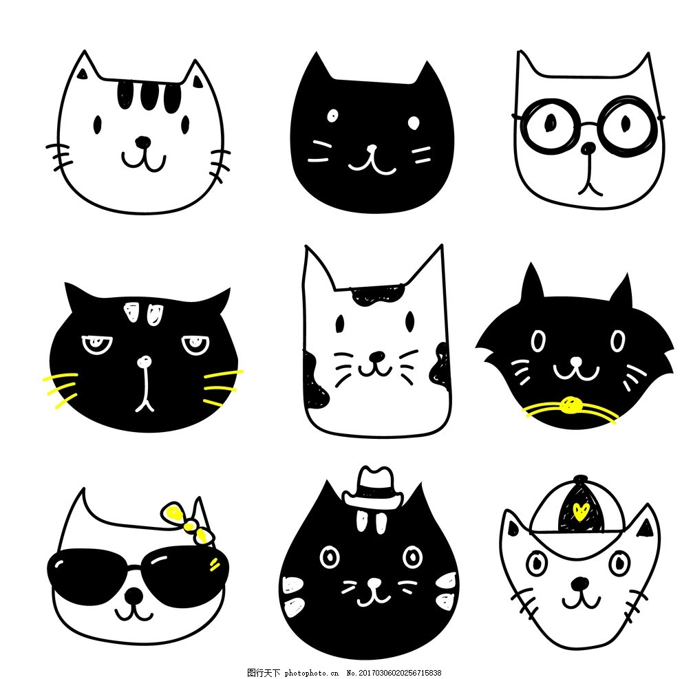 黑白猫动物矢量背景 卡通 卡通动物矢量图