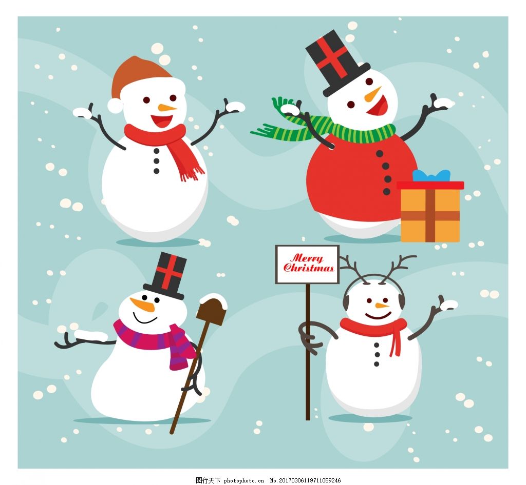 可爱雪人素材,扁平化雪人 矢量素材 圣诞节-图