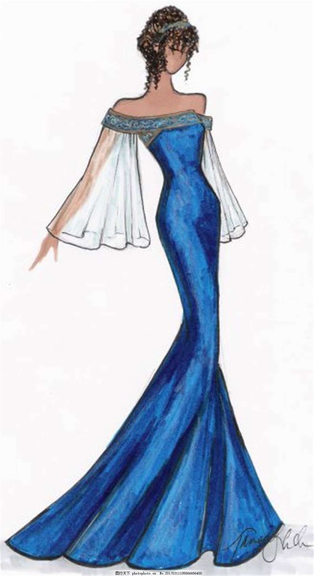 设计图库 现代科技 服装设计 蓝色长裙礼服设计图 服装设计 时尚女装