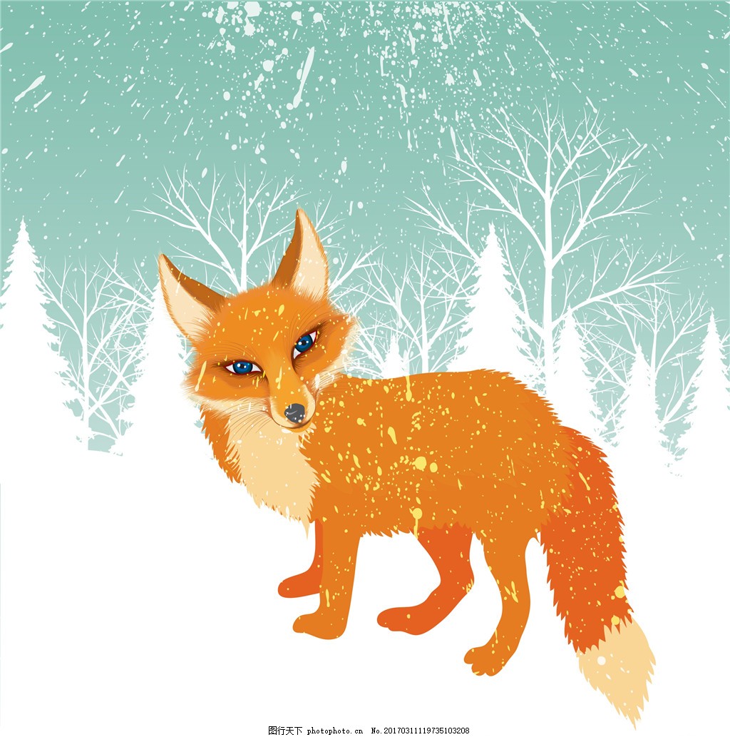 可爱手绘狐狸,下雪 雪景 矢量插画-图行天下图
