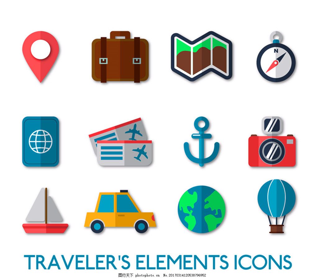 12款度假旅行图标矢量素材 地标 行李箱 折页地图 指南针 飞机票图片