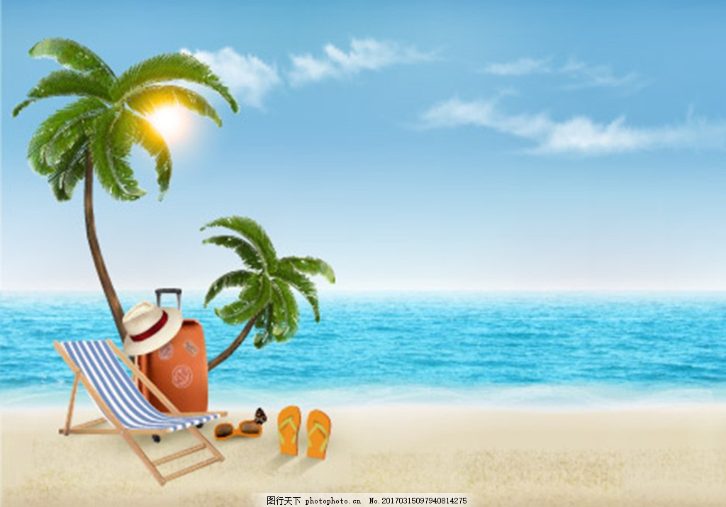 海南的美景,椰子树 躺椅 海滩 帽子 眼镜 拖鞋 大