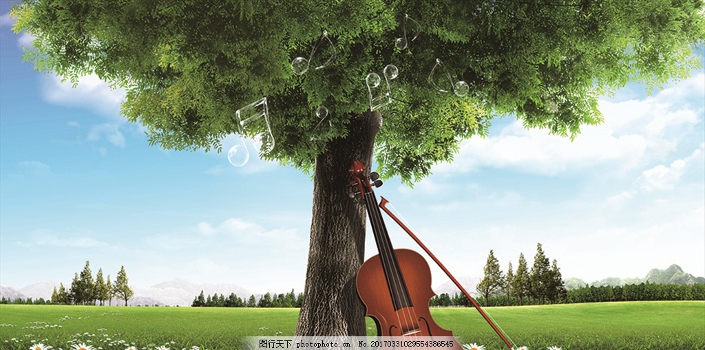 背景海报,音乐 树 大提琴 草地 蓝天白云 矢量图